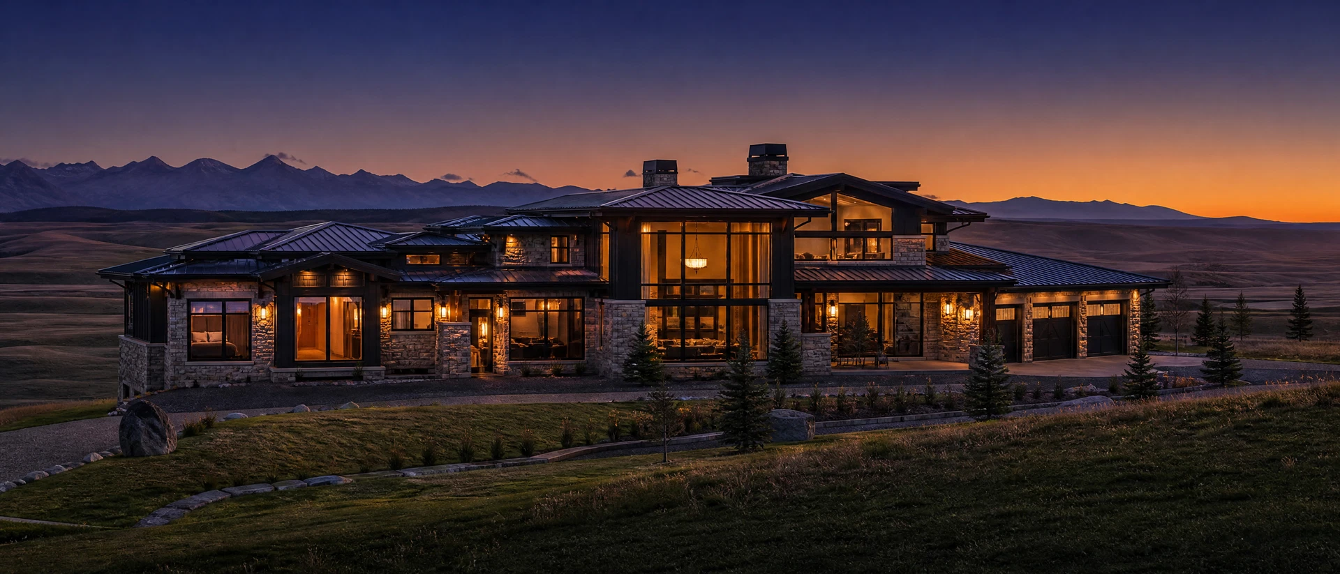 Luxury estate in Alberta foothills at golden hour