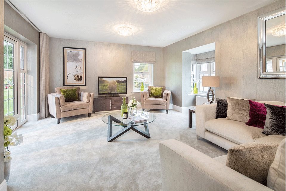 Bright custom living room with designer furnishings